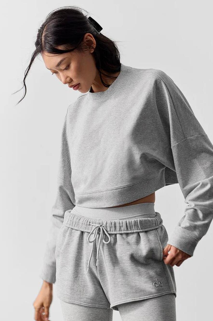 ALO YOGA Women's Cropped Sway Crew Neck Pullover Size M In Athletic Heather Grey